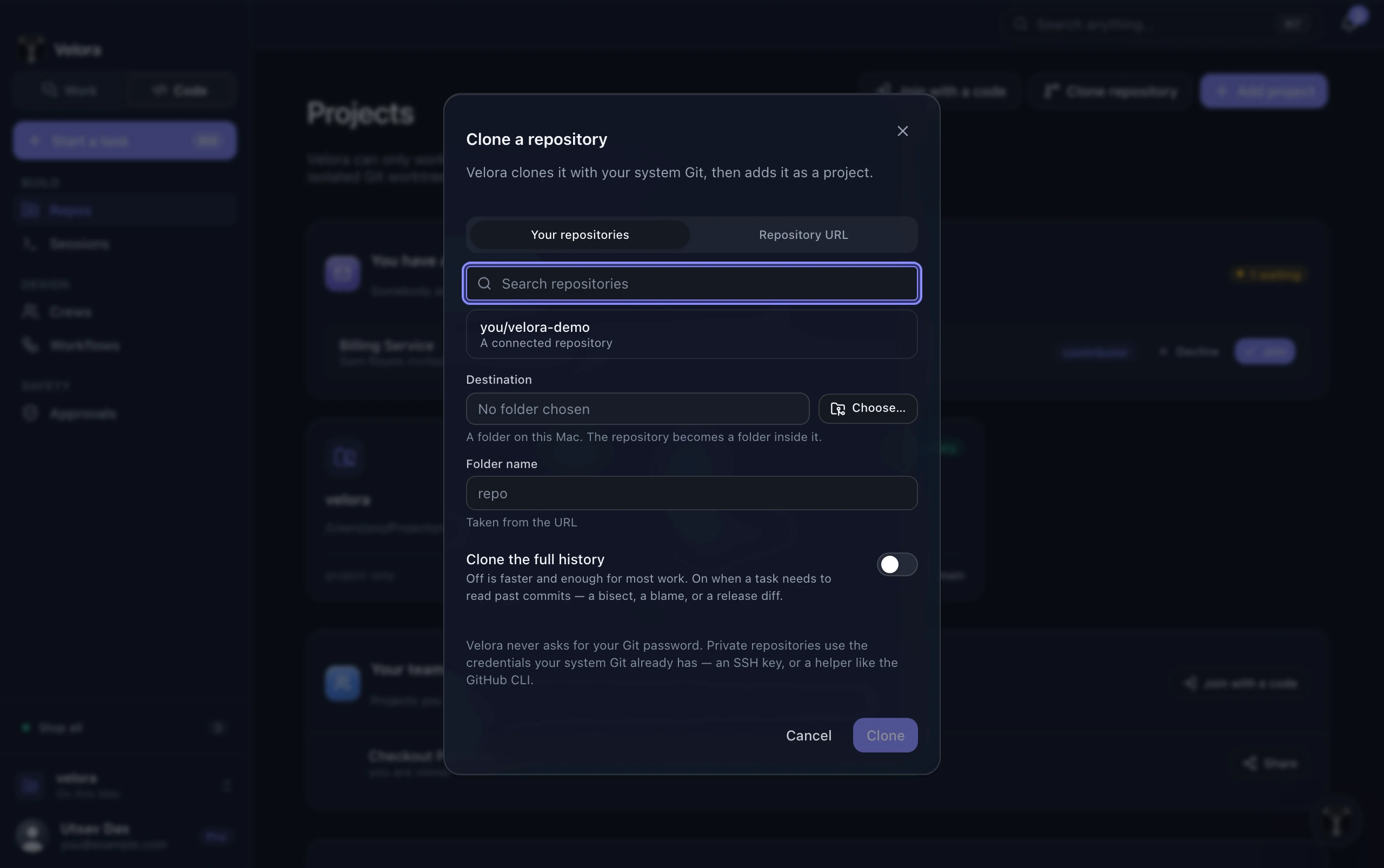 Velora repository browser